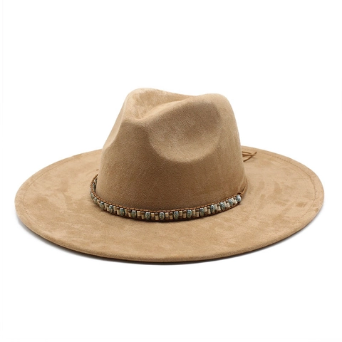 Fedora Hat Wide Brim Suede Polyester Ethnic Beaded Band Vintage Jazz Style Autumn Winter Unisex Fashion Accessory
