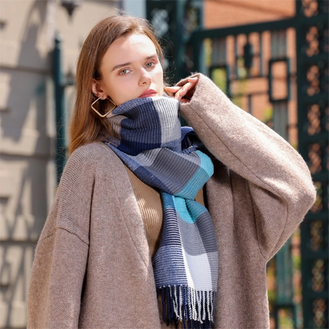 Écharpe À Carreaux Color Block Femmes Imitation Cachemire Épaissie Chaude Hiver Châle Avec Franges Mode Douce Longue