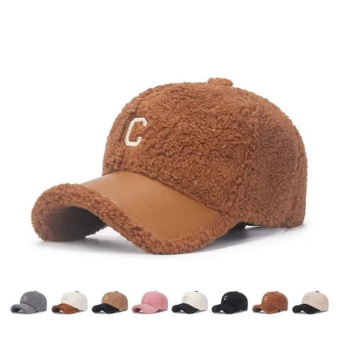 Teddy Fleece Baseball Cap Winter Warm Hat Embroidery Letter C Suede Brim Adjustable Street Style For Women