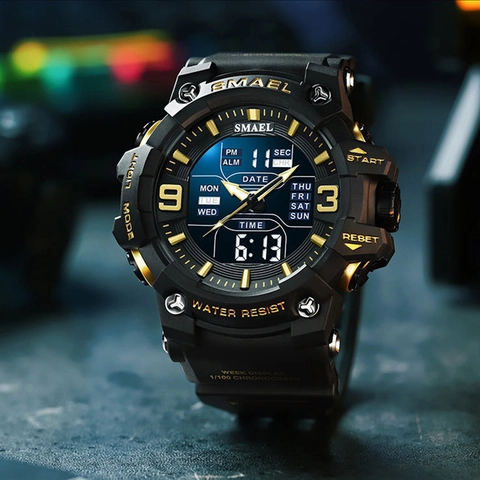 Men Sport Watch Dual Display Analog Digital Waterproof LED Backlight Alarm Stopwatch Multi Function Resin Strap Tactical