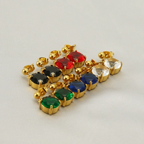 Round Zircon Stud Earrings Stainless Steel 18K Gold Plated Colorful Gemstone Jewelry Fashionable Women