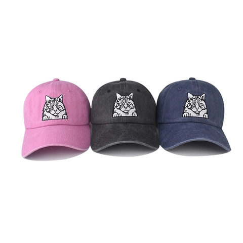 Washed Cotton Baseball Cap Embroidered Cat Dog Face Vintage Distressed Adjustable Casual Dad Hat