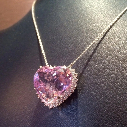 Heart Pendant Necklace Copper With Cubic Zirconia Pink Gemstone Romantic Valentine Gift Jewelry For Women Elegant Sweet