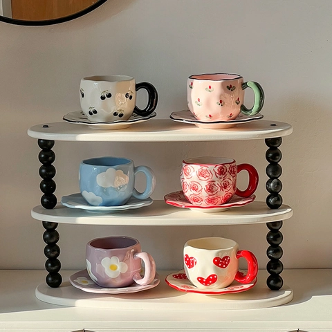 Tazza Da Caffè E Piattino In Ceramica Irregolare Fatta A Mano Cuore Ciliegia Fiore Fiocco Carina Stile Ins Mug