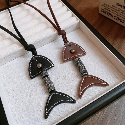Collier Long Pendentif Arête De Poisson Similicuir Alliage Rétro Vintage Chaîne Pull Femmes