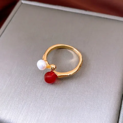 Süßwasserperle Roter Achat Offener Ring Vergoldetes Kupfer Unregelmäßige Welle Verstellbarer Retro Schmuck Damen