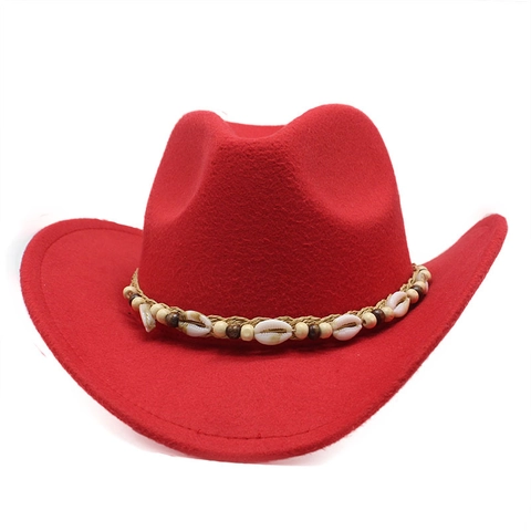 Sombrero De Vaquero Western Fedora De Fieltro Ala Ancha Estilo Étnico Con Decoración De Conchas Y Cuentas De Madera