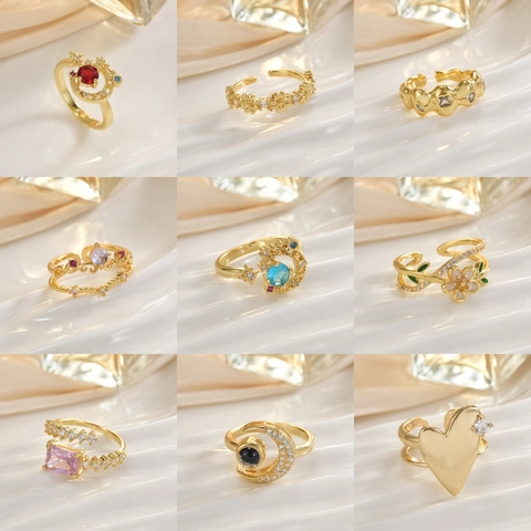 Anillos Abiertos De Cobre De Lujo Con Strass Para Mujer Corazón Corona Mariposa Estrella Luna Anillos De Moda Ajustables