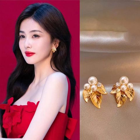 Orecchini A Lobo Foglia Lega Imitazione Perla Artificial Strass Con Perno In Argento Gioielli Eleganti Vintage Francesi Donne