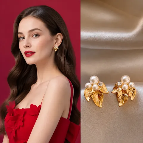 Orecchini A Lobo Foglia Lega Imitazione Perla Artificial Strass Con Perno In Argento Gioielli Eleganti Vintage Francesi Donne