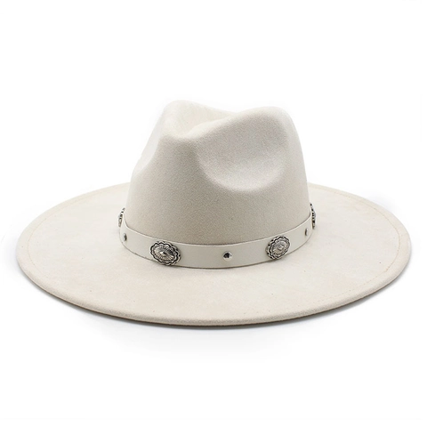 Retro Western Cowboy Fedora Hoed Suede Polyester Vilt Brede Rand Riem Decor Metalen Conchos Klinknagels Outdoor Unisex Vintage