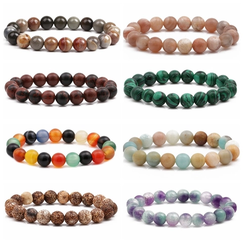 Bracciale Di Perline In Pietra Naturale Tondo Agata Malachite Amazonite Elastico Gioielli Unisex Boho