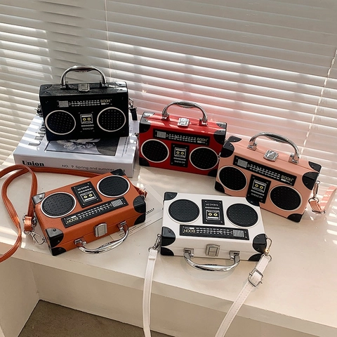 Women Retro Radio Shaped Crossbody Bag Creative Novelty PU Leather Handbag With Metal Handle Unique Fashion Gift
