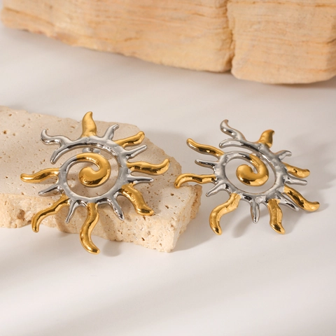 Zon Spiraal Oorbellen 18K Verguld Roestvrij Staal Tweekleurig Roterend Zonnestraal Ontwerp Vintage Boheems Voor Dames
