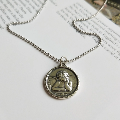Schutzengel Cherub Anhänger Halskette 925 Sterling Silber Vintage Distressed Rundes Medaillon Schmuck Für Damen