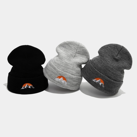 Bonnet En Maille Broderie Montagne Soleil Acrylique Pour Hommes Femmes Chaud Outdoor Hiver