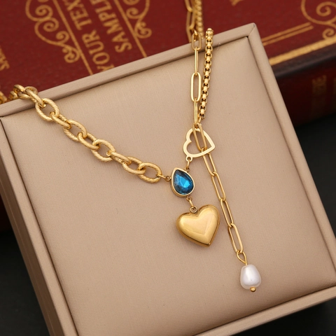 Collana In Acciaio Inossidabile Con Cuore E Pendente A Goccia Blu Perla Artificial Gioiello Donna