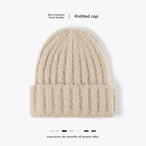 Gorro De Punto De Invierno Beanie Grueso Esponjoso Térmico Exterior Clima Frío Nailon Color Sólido Puño Acanalado Unisex