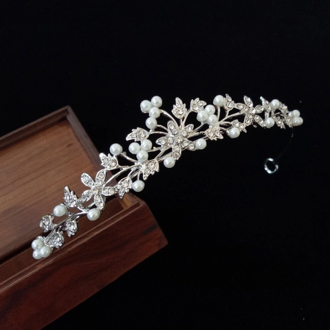 Corona Da Sposa Tiara Cerchietto Lega Strass Perla Artificiale Design Floreale Elegante Accessorio Matrimonio Donna