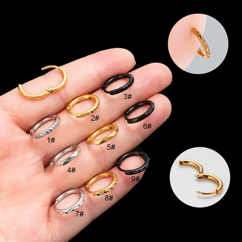 Stainless Steel Hoop Earrings Engraved Pattern Geometric Punk Style Unisex Ear Buckles For Cartilage Piercing