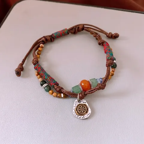 Ethnic Handmade Woven Bracelet Wax Rope Alloy Wheel Pendant Colorful Stone Beads Adjustable For Women Retro Accessories