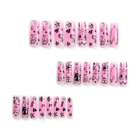 Pink Gradient Coffin Press On Nails Street Style Graffiti Heart Star Design Long Plastic Fake Nails For Women Girls