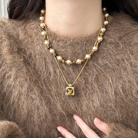Collar Con Colgante De Ojo De Tigre Retro Vintage Chapado En Oro De 18 Quilates Cadena De Perlas Artificiales Joyería Para Mujer Elegante