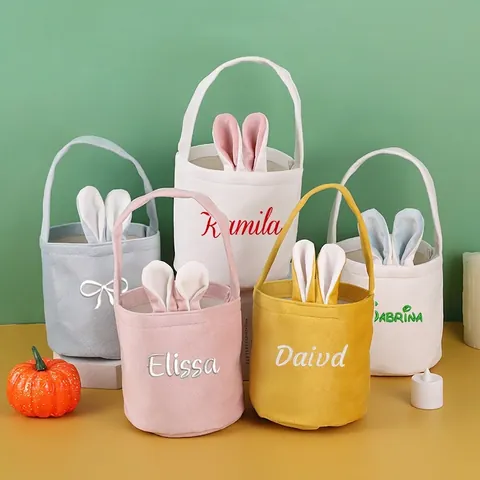 Easter Bunny Ears Velvet Basket Tote Bag Egg Hunt Party Gift Packaging Soft Fabric Handle Cylinder