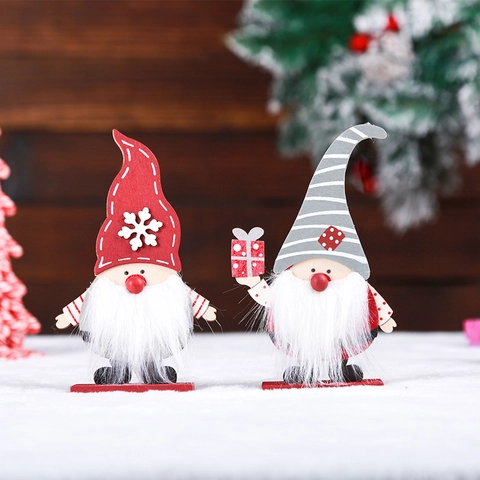 Christmas Wooden Gnome Standing Elder Desktop Ornament With Faux Fur Beard Gift Box Red Grey Hat Xmas Holiday Home Decoration
