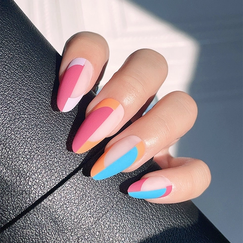 Unghie Press On Mandorla Lunghe Stile Francese Blocco Di Colore Geometrico Linee Astratte Unghie Finte Artificiali Per Donne Manicure Fai Da Te