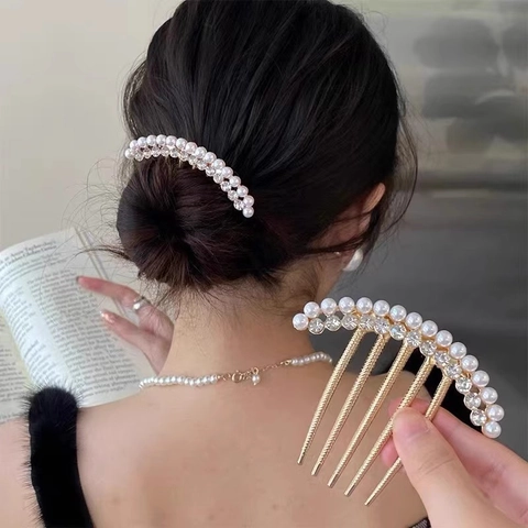 Elegant Faux Artificial Pearl Rhinestone Hair Comb Alloy Hairpin Chignon Maker Wedding Party Styling Accessory For Women