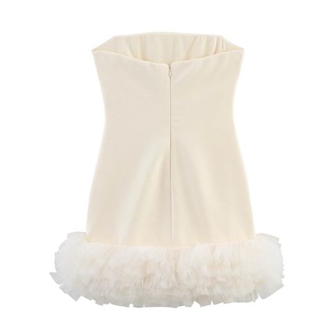 Strapless Mini Jurk Gaas Ruches Zoom Bodycon Mouwloos Zoete Stijl Polyester Feest Voor Dames
