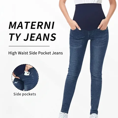 Jeans Premaman Vita Alta Misto Cotone Denim Supporto Pancia Sollevamento Glutei Pantaloni Skinny Elastici