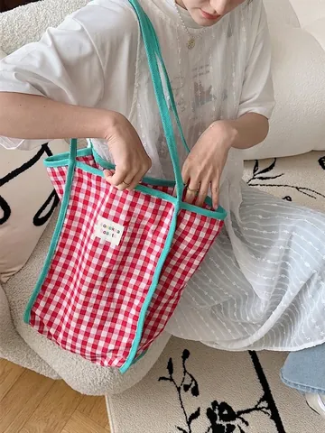 Bolso Tote De Lona A Cuadros Gran Capacidad Mujer Color De Contraste Gingham Bolso De Hombro Streetwear Versátil