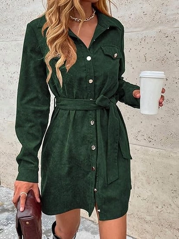 Women Corduroy Shirt Dress Elegant Long Sleeve Button Down Mini Dress With Belt Solid Color Autumn Casual Style