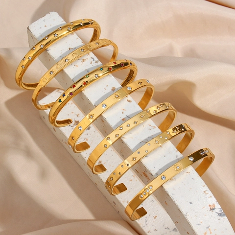 Bracciali Rigidi Aperti In Acciaio Inossidabile Placcato Oro 18K Per Donna Eleganti Bracciali Con Polsino Con Stella E Sole Incastonati In Zirconia Gioielli Di Moda