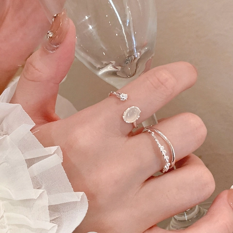 Elegant Oval Resin Moonstone Adjustable Open Ring Silver Tone Floral Detail Minimalist Fashion Jewelry Women Gift