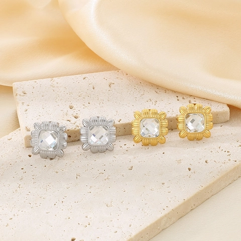 Vintage Geometric Heart Square Round Stud Earrings 316L Stainless Steel 18K Gold Plated Cubic Zirconia Textured For Women