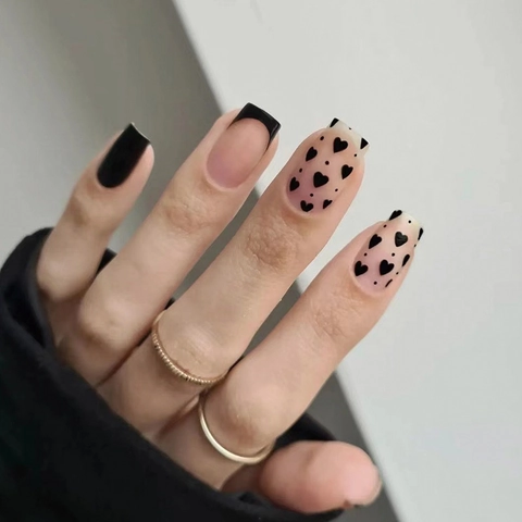 Uñas Postizas French Tip Cuadradas Diseño De Corazón Negro Uñas Artificiales Manicura Para Mujeres Salón En Casa