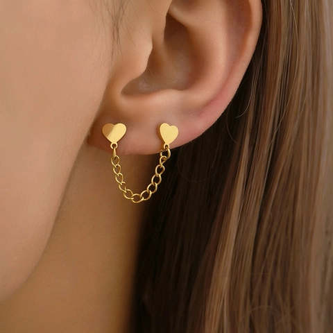 Chain Link Heart Stud Earrings Stainless Steel Chic Minimalist Sweet Cool Style Women