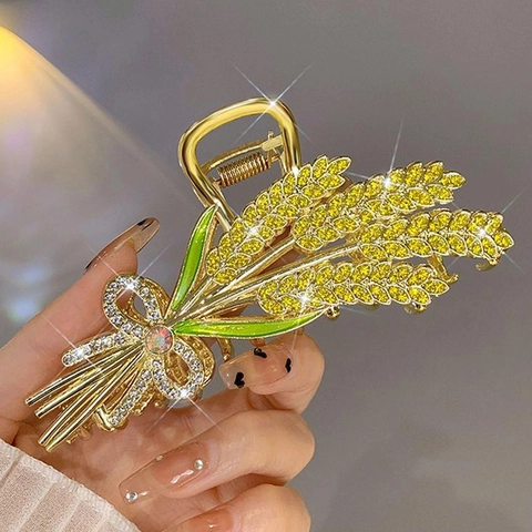 Elegant Wheat Stalk Floral Hair Claw Clips Zinc Alloy Rhinestone Artificial Pearls Large Shark Clips For Women Sophisticated Hair Accessories