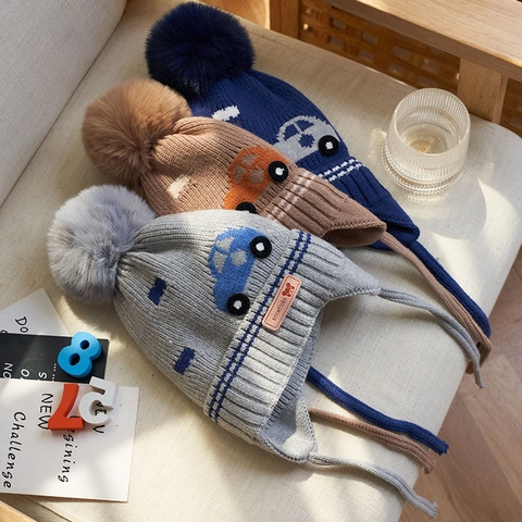 Cappello In Maglia Per Bambini Inverno Con Paraorecchie Pompon Motivi A Cartoni Animati Caldo Per Ragazzi Ragazze Neonati