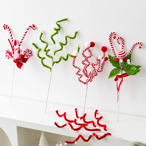 Christmas Decorative Picks Stems Candy Cane Ornaments Red White Striped Plush Yarn For Christmas Tree DIY Party Decor