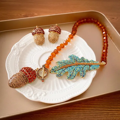 Collana E Orecchini Ghianda Foglia Retrò Strass Lega Cristallo Gioielli Con Perno In Argento Per Donna