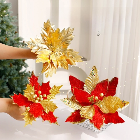 Glitter Velvet Fabric Artificial Poinsettia Flowers Christmas Tree Decorations Holiday Scene Layout Ornaments Festive Sparkling