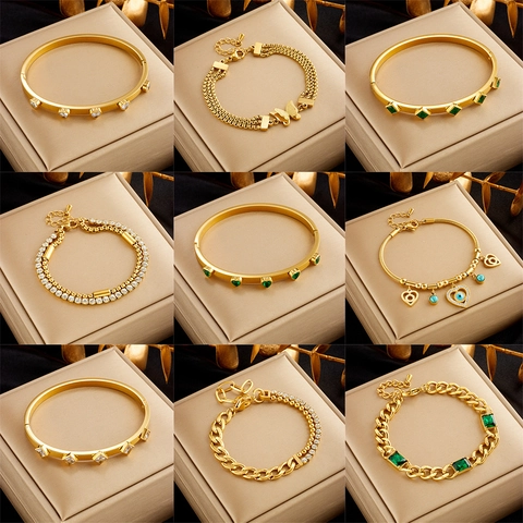 Stainless Steel Rhinestone Bracelet For Women Gold Plated Heart Butterfly Evil Eye Charm Layered Fashion Jewelry Gift