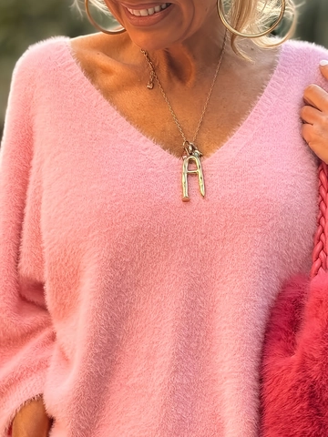 Damen V-Ausschnitt Oversized Strickpullover Flauschiges Kunstpelz Lose Pullover Streetwear Pink Langarm Weich