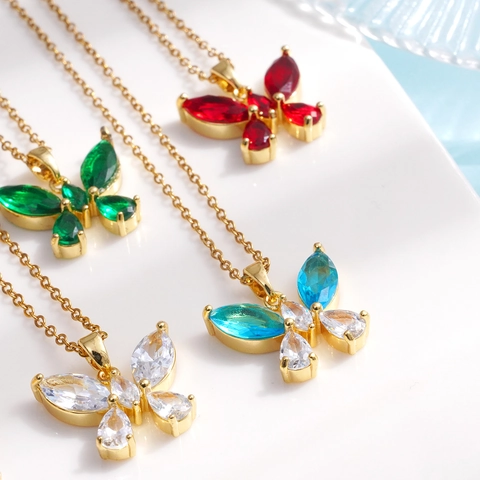 Collana Con Pendente A Farfalla Placcato Oro Rame Zircone Colorato Gioielli Di Moda Eleganti Per Donna