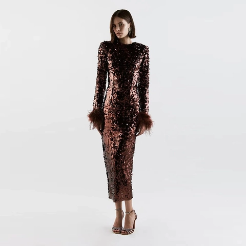 Abito Midi Da Donna Con Paillettes Maniche Lunghe E Polsini In Piume Di Struzzo Slim Fit Party Cocktail