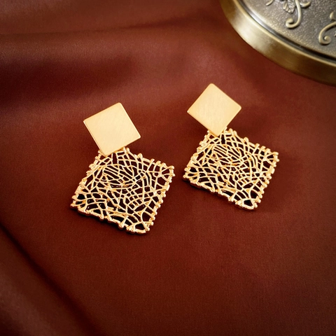 Geometric Square Mesh Drop Earrings Gold Color Alloy With Silver Earring Post Vintage Hollow Textured Jewelry Women